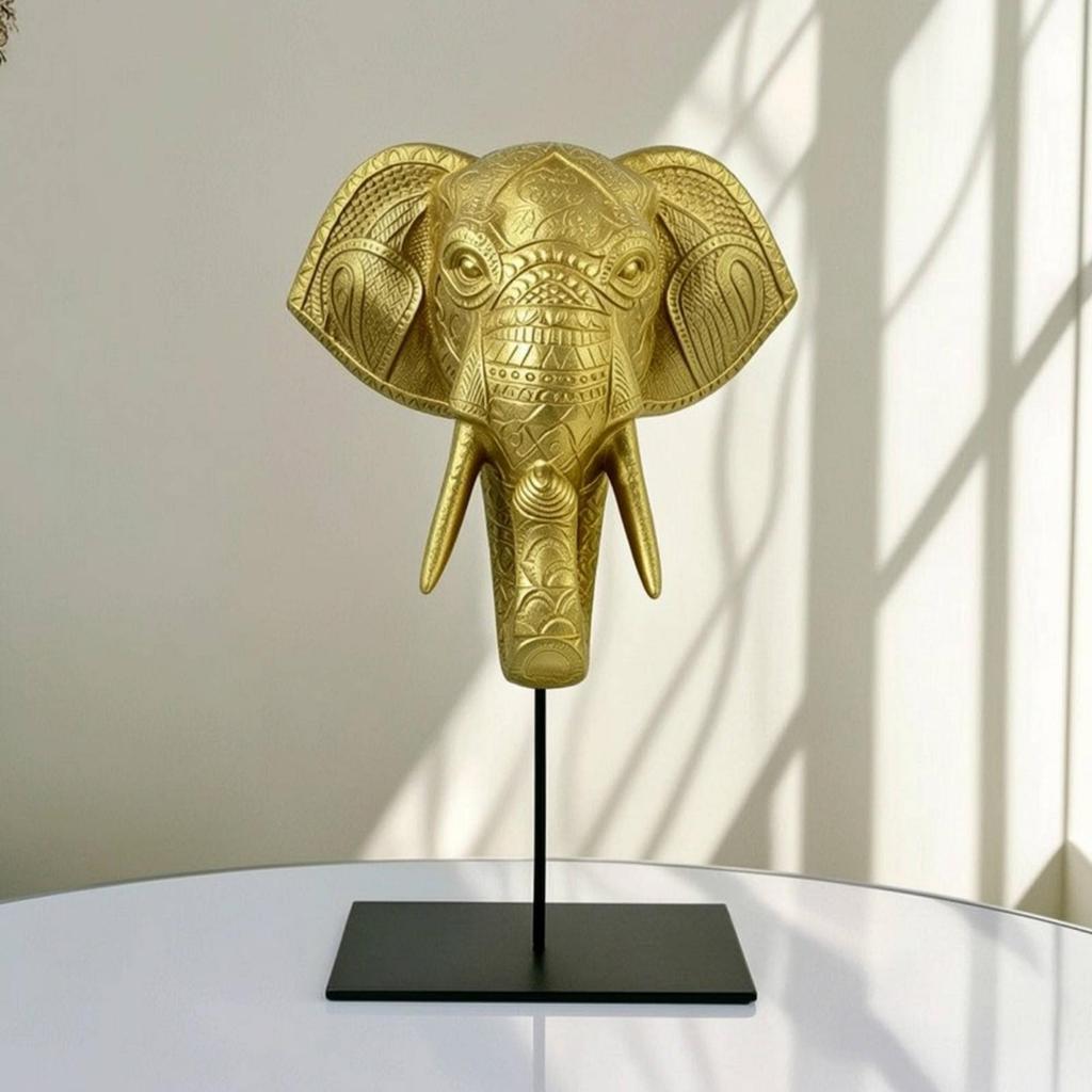 Elephant Head on Stand Gilded Decor Tabletop for Office