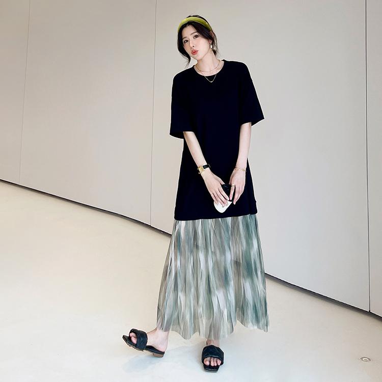 

DIMANAF 2025 Summer Plus Size Dress Women Vintage Shirt Dress Oversized Basic Long Elegant Casual Spliced Loose Dress 3XL чёрный