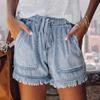 Mid-rise Elastic Waistband Women Shorts Drawstring Wide Leg Pockets Sweat Absorbing Solid Color Tassel Cuffs Sport Shorts Streetwear