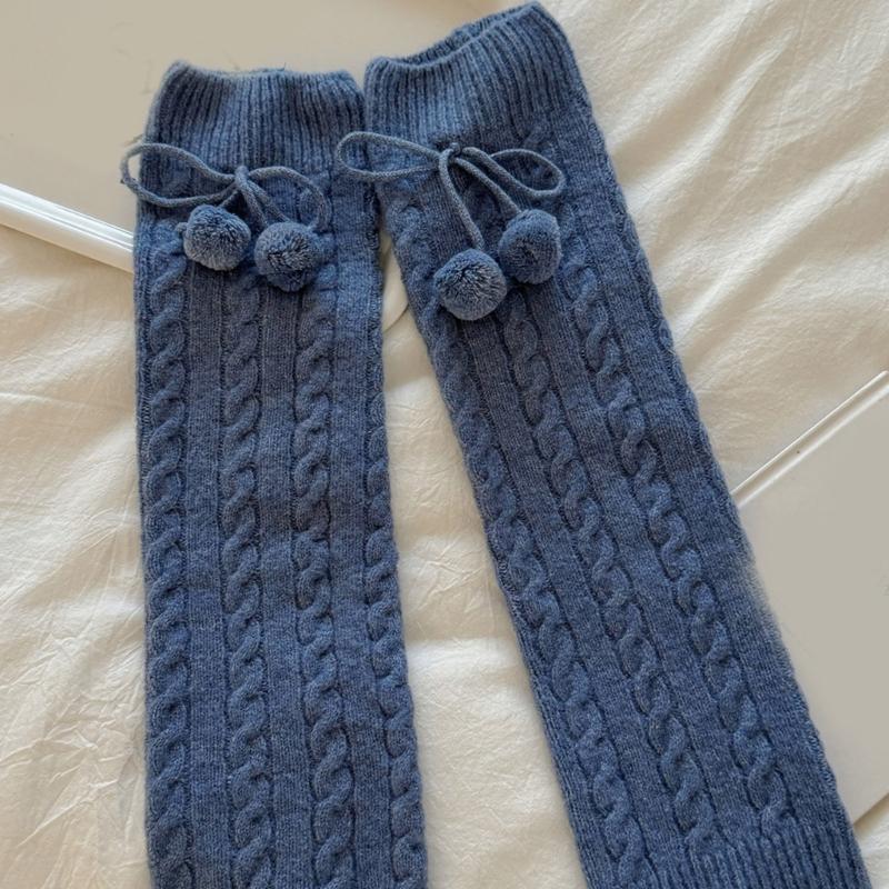 Fashionable Plush Balls Bows Adorned Leg Warmers for Women's Cable Knitted Stretchy Leg Covers Sleeves Calf Socks