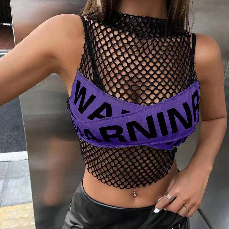 

Летняя уличная одежда, лоскутные полые топы для женщин, укороченные топы с буквенным принтом, черный облегающий жилет, женский S фиолетовый