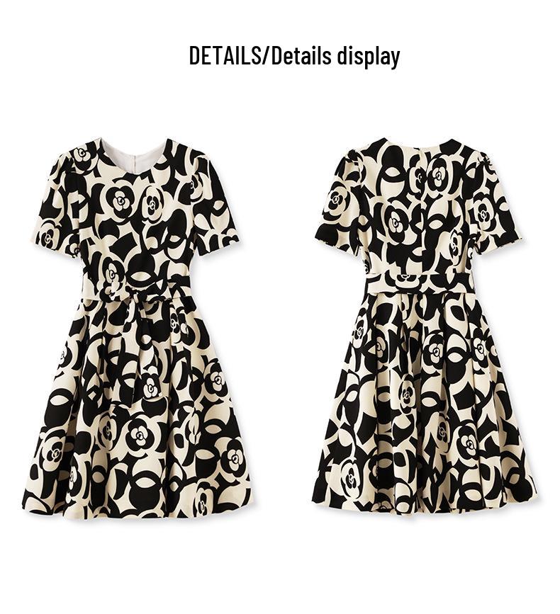 Light Luxury Camellia Print High Waist Slimming Dress