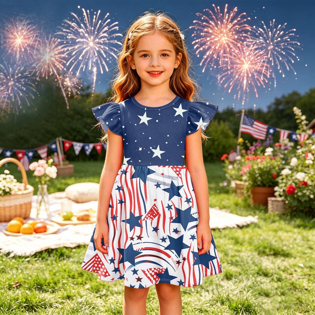 Girls' Summer Princess Dress - A-Line T-Shirt Dress Independence Day
