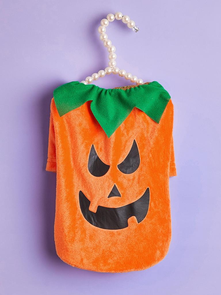 Halloween Pumpkin Dog Costume, Orange Pet Shirt with Green Collar, Festive Outfit for Small/Medium Dogs, Perfect for Halloween