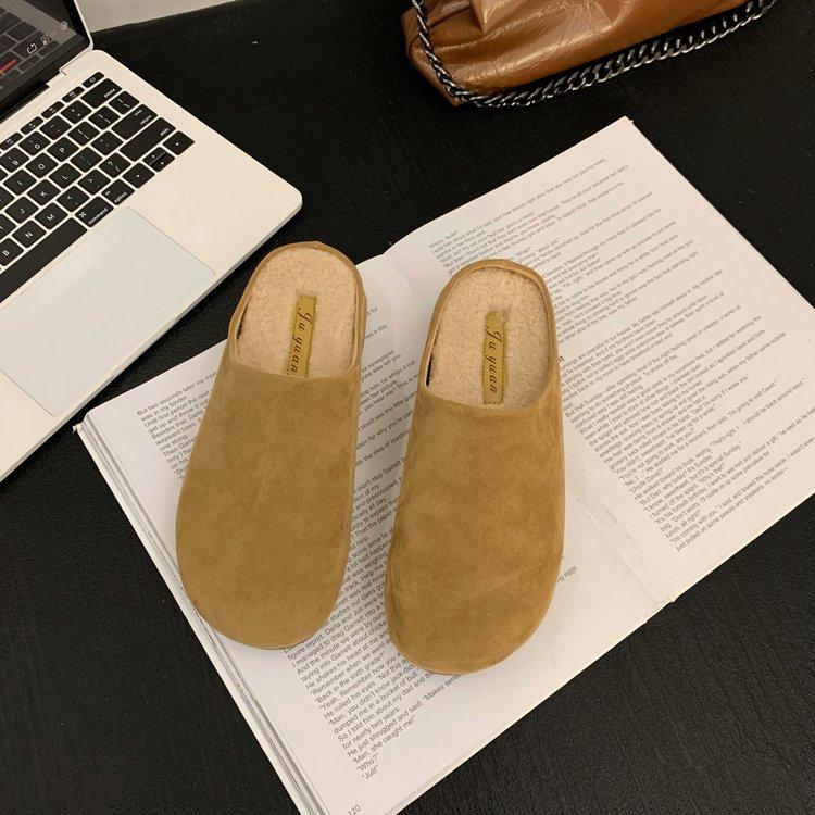 Soft leather version~ Baotou half slippers women wear high-end fluffy shoes in the autumn of 2024 new lazy Boken shoes