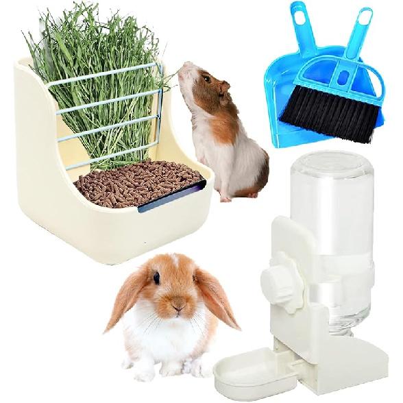 HERCOCCI Rabbit Hay Food Bin Feeder and Bunny Water Bottle Set, Hay Food Feeder Bowls Manger Rack with 500ml Hanging Water Dispenser Prevent Knock Large белый