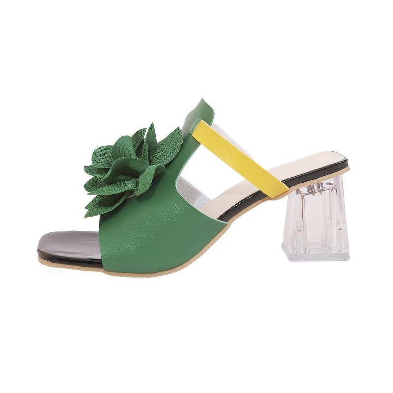 Women S French Style Flower Square Toe Chunky Heel Sandals