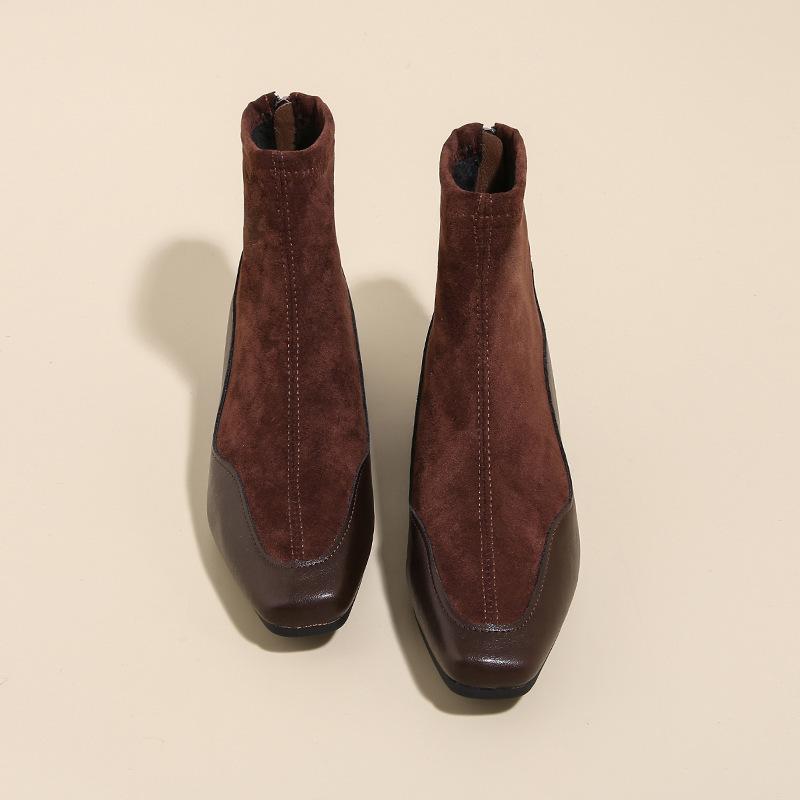 

Темпераментные облегающие ботильоны на высоком каблуке, женские новые замшевые ботильоны на толстом каблуке с квадратным носком, комбинированные, облегающие ноги 39 коричневый