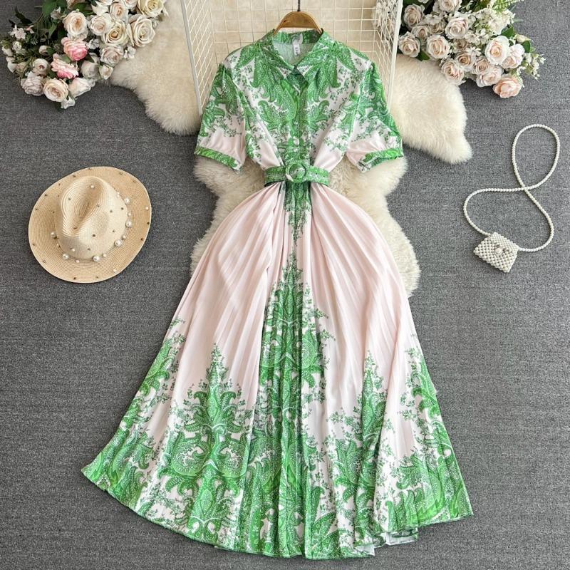 Summer Vintage Women Print Pleated Party Long Dress Elegant Turn-Down Collar Short Sleeve High Waist Draped Beach Vestidos New
