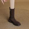 Krazing Pot Cow Suede Nubuck Pleated Decoration Autumn Winter Shoes Chunky Heels Size 43 Size 42 Round Toe Zipper Retro Fashion Mid-calf Boots