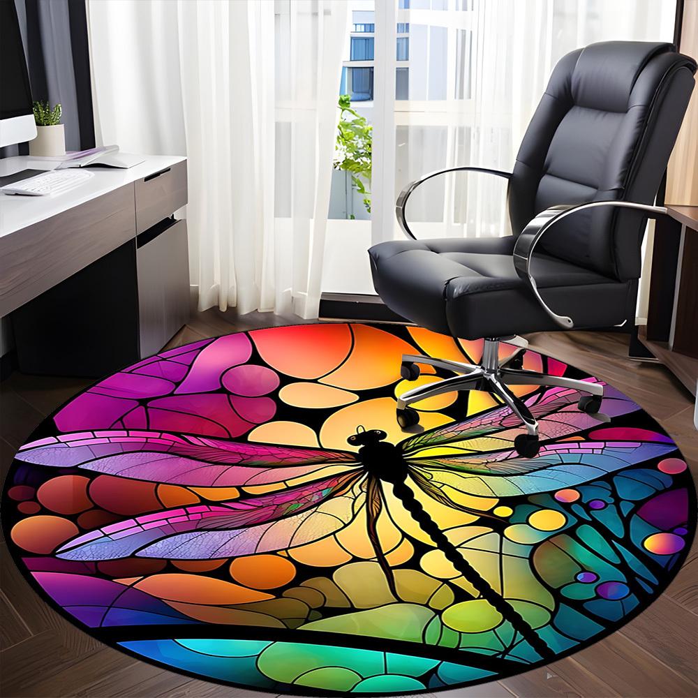 1pc Dragonfly StainedGlass Office Round Area Rug,  Mat Suitable ForOffice, Under Office Chairs Bedroom Living Room Home Decor, Room Deco