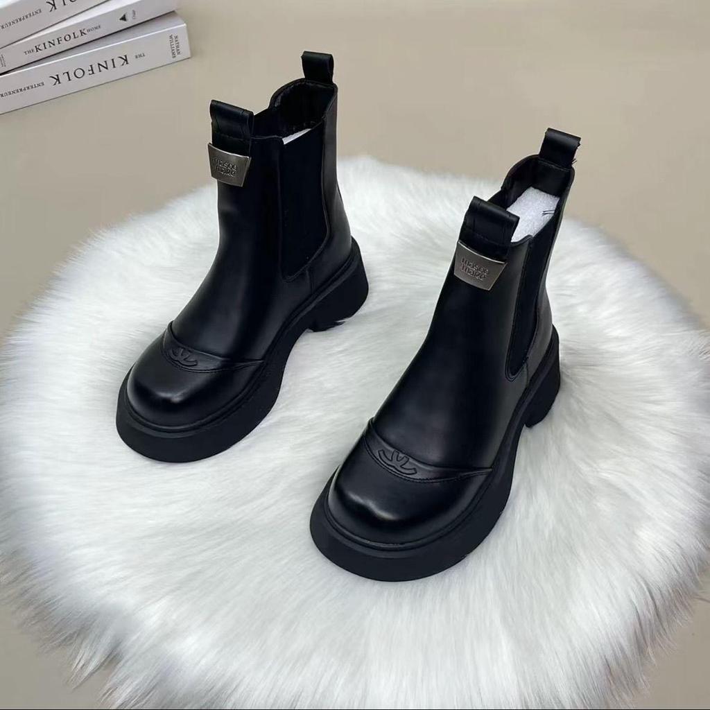 Genuine Leather Thick Sole Chelsea Ankle Boots for Women - 2025 Autumn/Winter, British Style, Chimney Heel, Height-Boosting Slimming Martin Design.