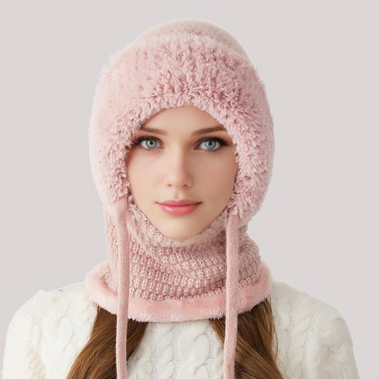 3 In 1 Knitted Hat Women Soft Plush Winter Scarf with Face Guard Adjustable Straps Windproof Hooded Design Scarf
