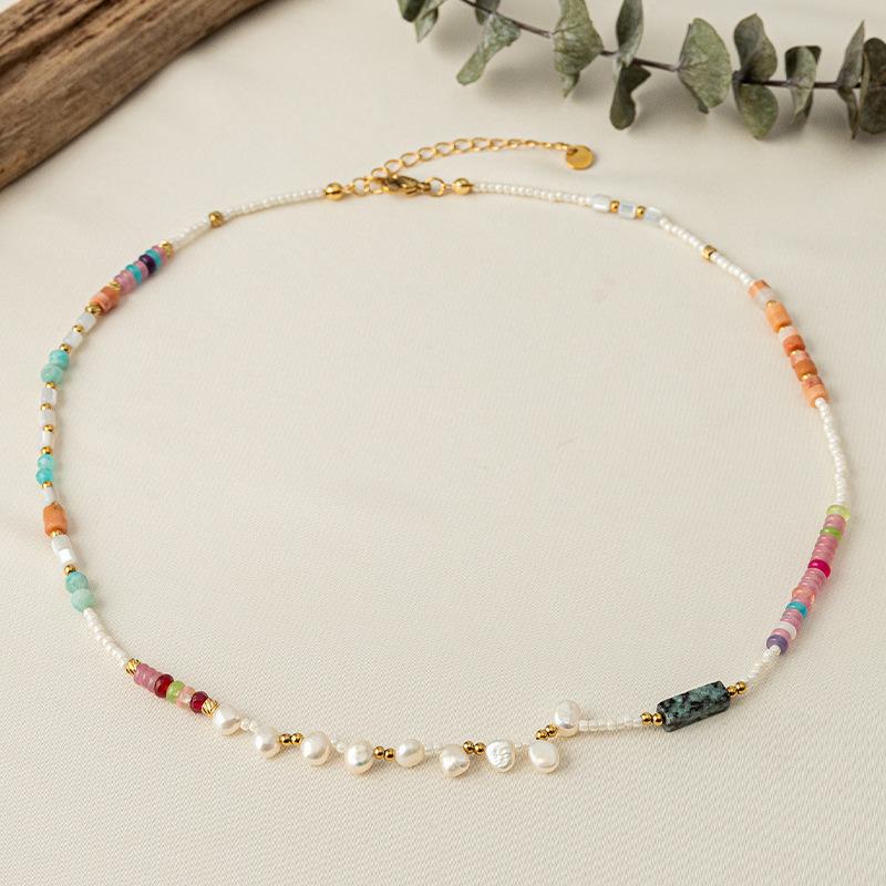 GEMCHIC Women's Bohemian Style Natural Stone and Pearl Beaded Necklace with Gold Plated Stainless Steel Chain