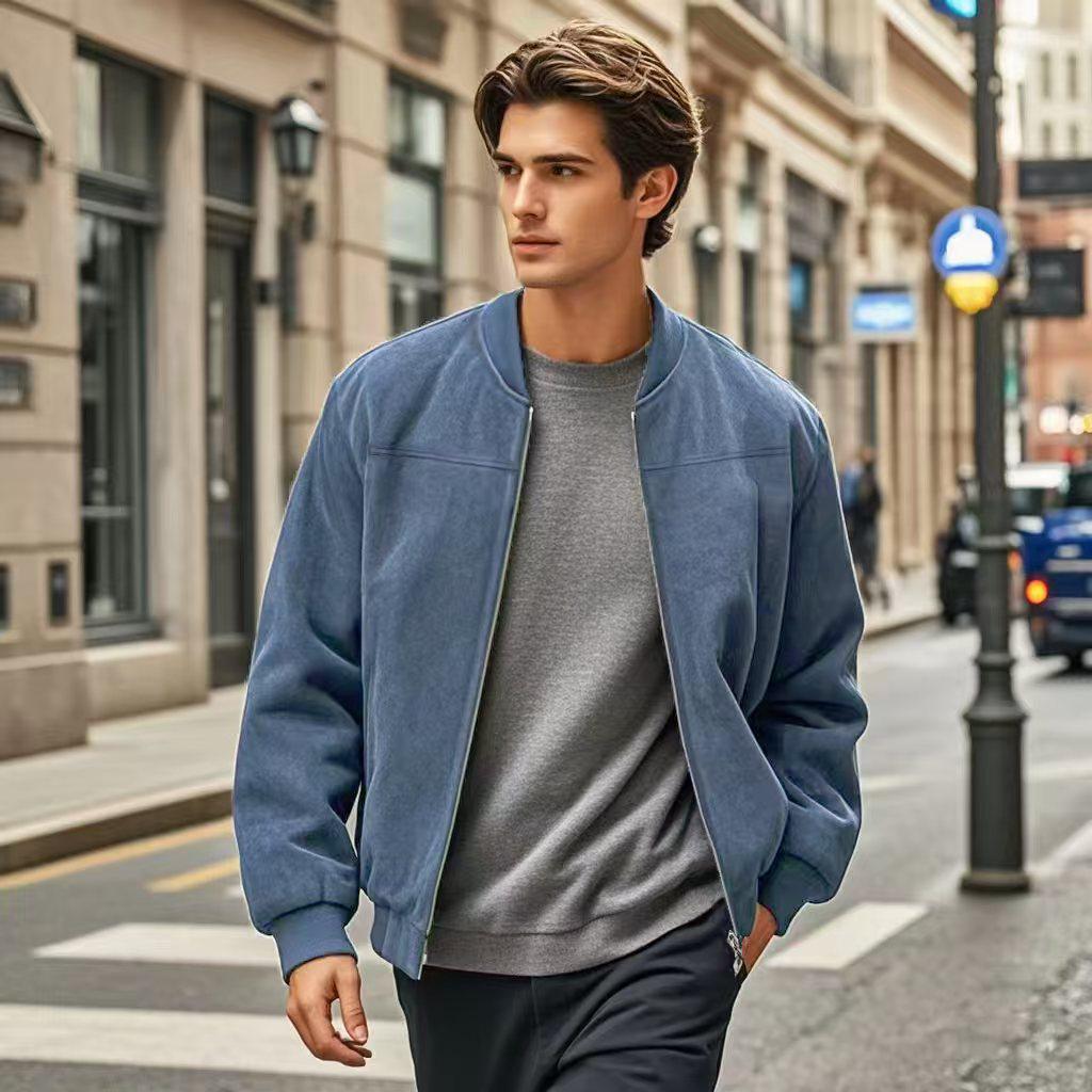 Men's Retro Suede Stand Collar Jacket - Loose Fit, Zipper Cardigan Coat, Trendy and Fashionable for Autumn/Winter