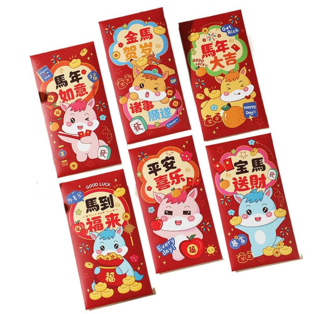 6PCS Paper Horse Year Red Envelope Spring Festival Gift Bag Lucky Money Bag Bless Words Cartoon New Year Red Envelopes