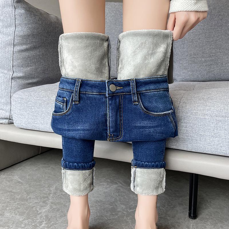 High-Waisted Elastic Skinny Jeans for Women - Fluffy, Warm, Thickened, Slimming Pencil Style for Autumn/Winter 2023