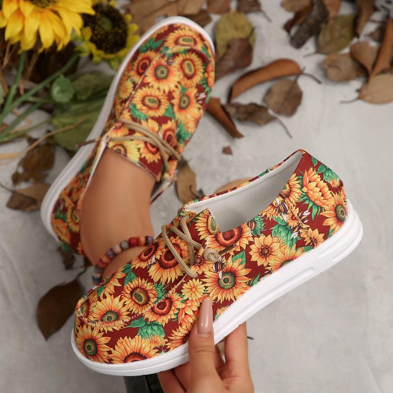 Women Flats Sneakers Spring Autumn Shoes Fashion Canvas Print Flat Shoes Women Lace Up Outdoor Casual Big Size Sneakers Women