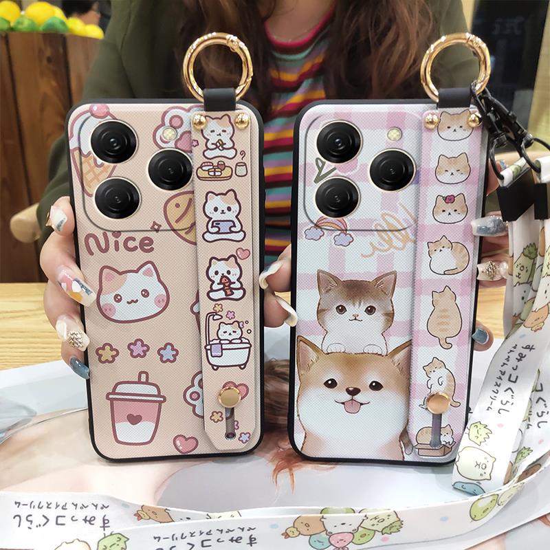 Wrist Strap Kickstand Phone Case For Tecno Spark20 Pro/KJ6 Durable Cute Silicone Anti-dust Back Cover Lanyard Soft case