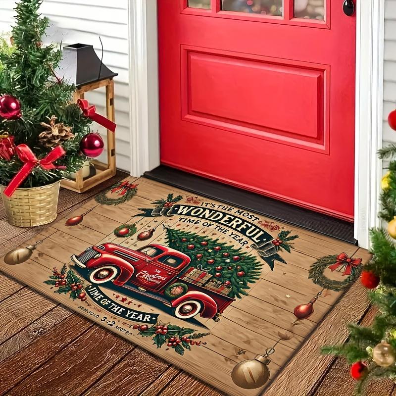 Christmas Pickup Truck with Tree Print Mat, Thick Sponge Anti-Slip Pad, Soft Absorbent Rug for Bedroom Living Room Holiday Decor