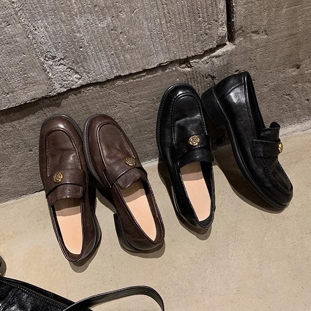 Cowhide~ Grape mother same camellia platform loafers women's genuine leather retro gold buckle versatile thick heel small leather shoes