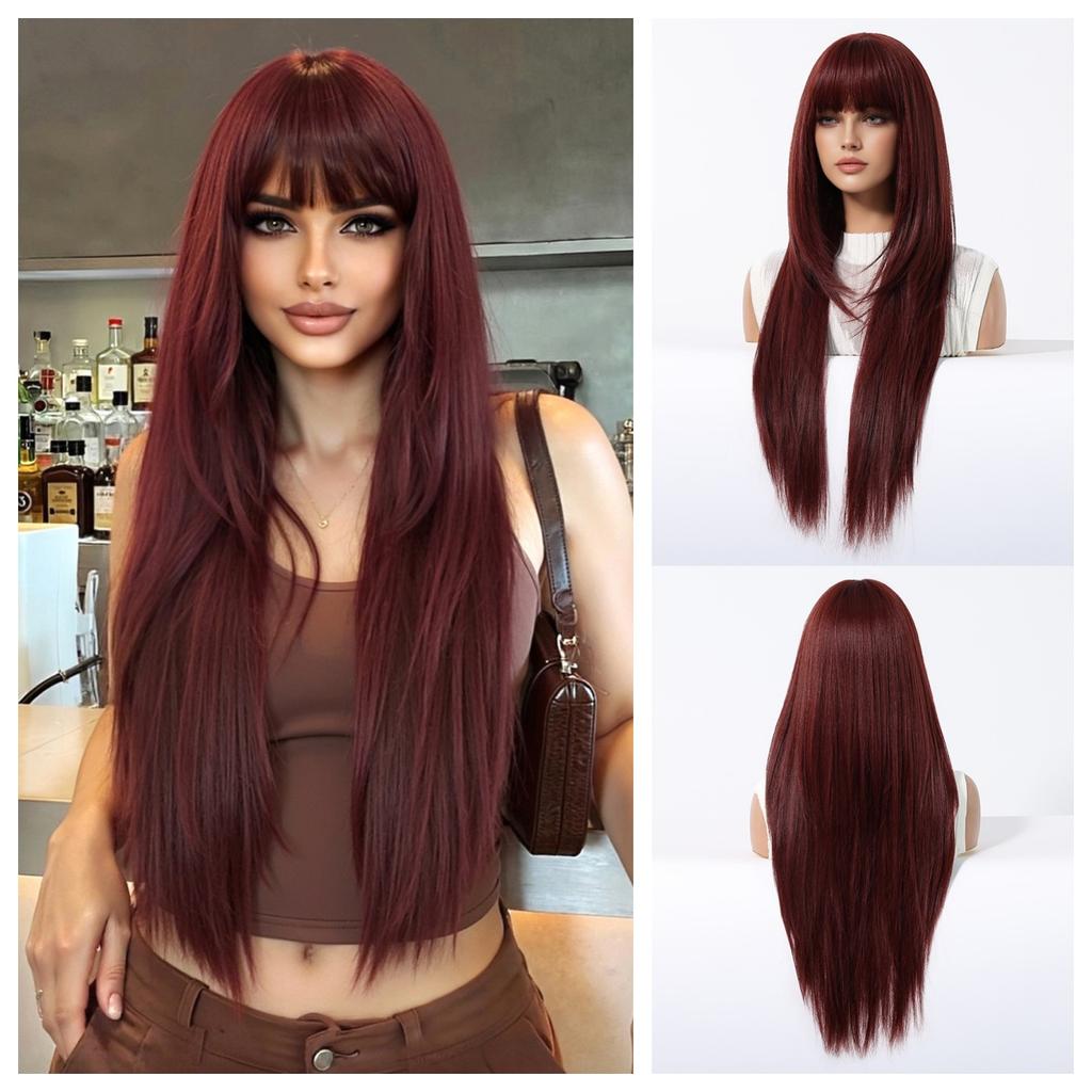 Synthetic Layered Wig Long Rose Gold Straight Wigs with Bangs Blonde Cosplay Party Natural Hair Wigs for Women Heat Resistant