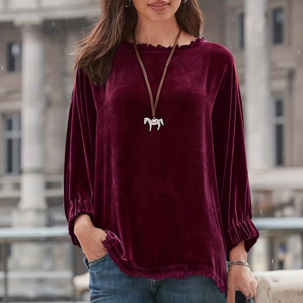 Women's Casual Pullover Top Color Neck Long Sleeve Loose Fit Shirt for Everyday Wear