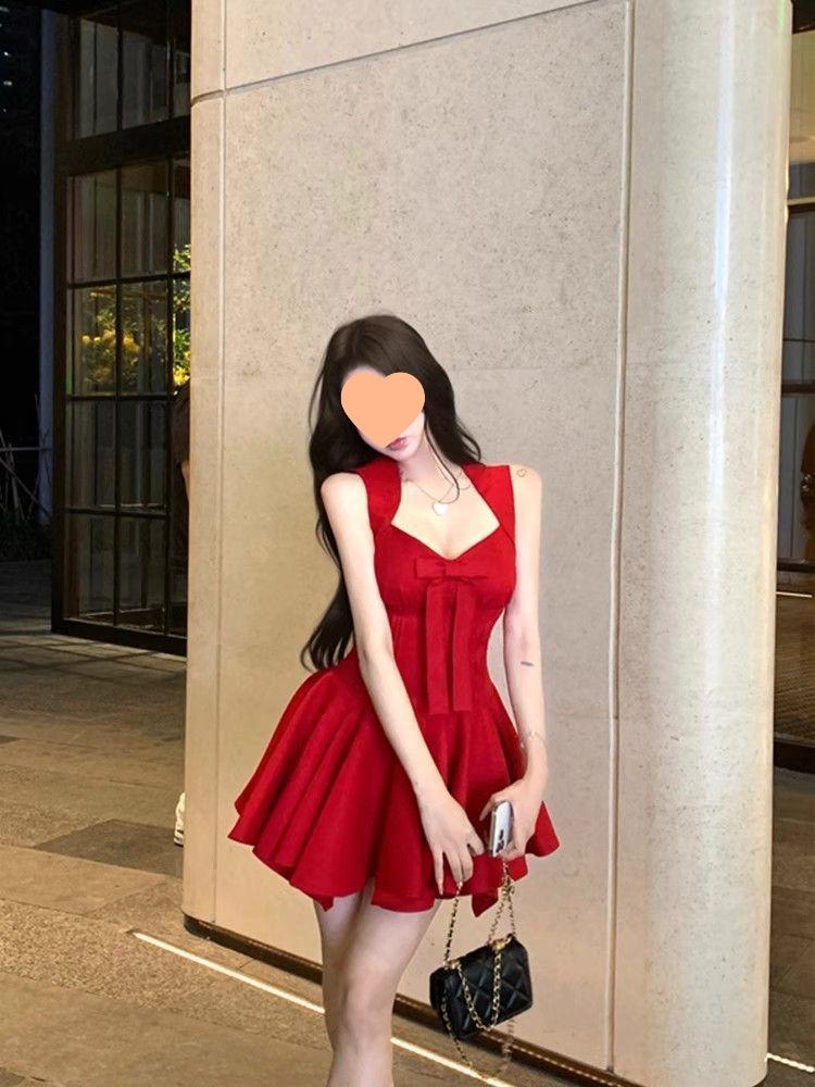 Elegant French Rose Bow Knot Dress - Slimming Waist, Summer Short Skirt for Special Occasions