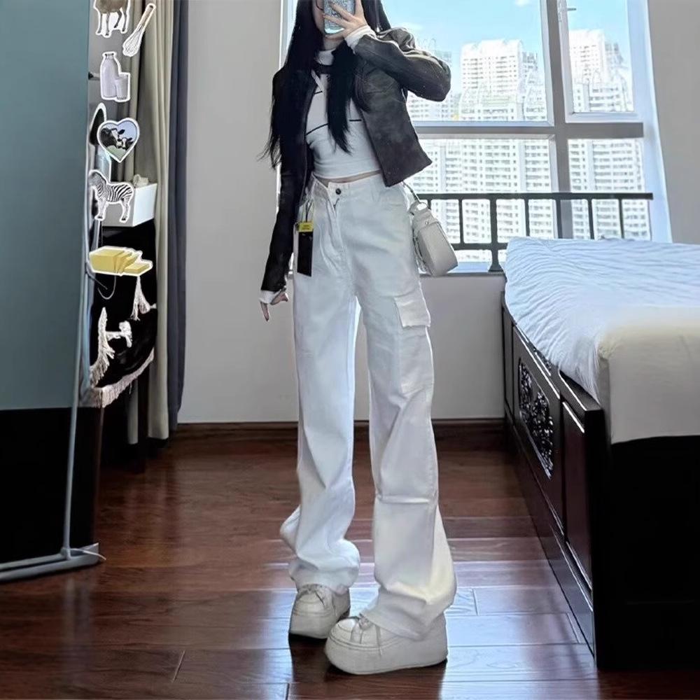 

Extra Long Retro White High Waist Wide Leg Denim Pants for Tall Women 2XL белый