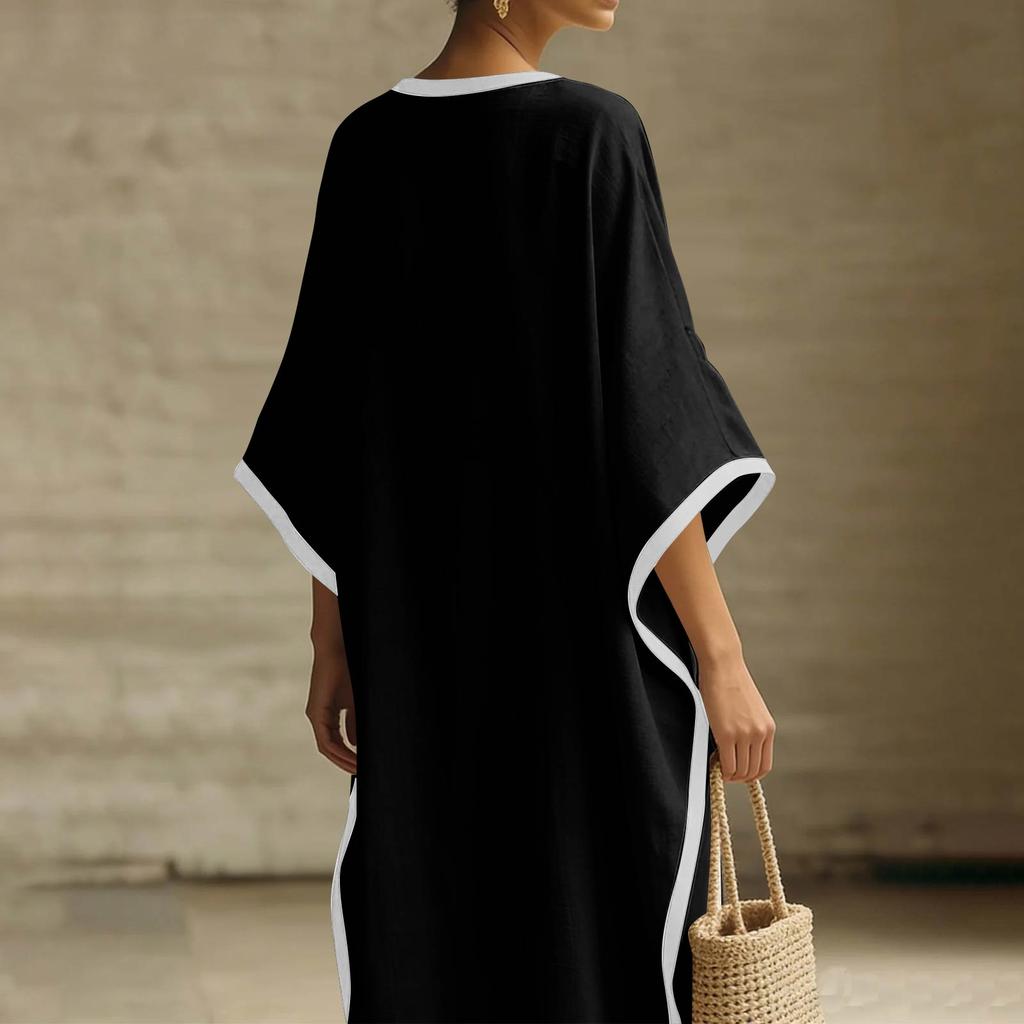 Vestido Largo Holgado Manga Murciélago Casual de Largo Completo Vestido Maxi Cómodo Oversize con Ribete en Contraste para Mujer