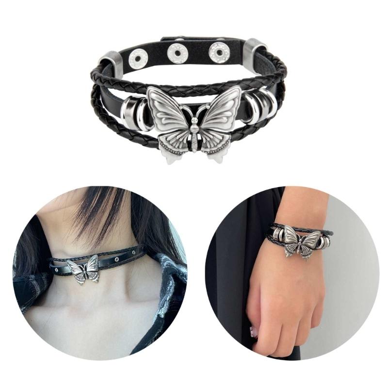 Women Men Cool Punk Choker Necklaces Bracelet Gothic Butterfly Pendant Biker Choker PU Leather Collar Sexy Jewelry Gift