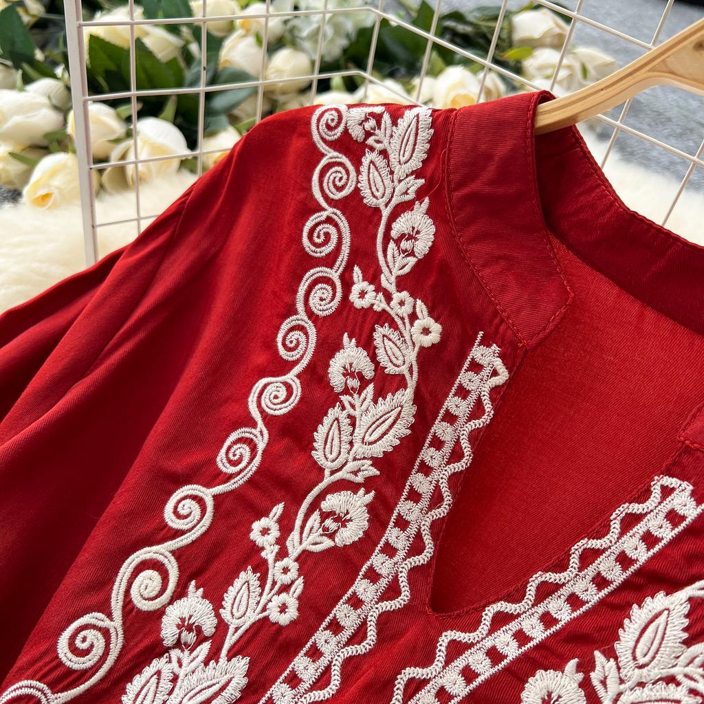 Vintage Maxi šaty pro ženy Výšivka Výstřih do V Dlouhý rukáv Dámské šaty Šněrování Vysoký pas Elegantní šaty