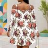 Women Plus Size White Floral Printed Cold Shoulder Long Sleeve Dress