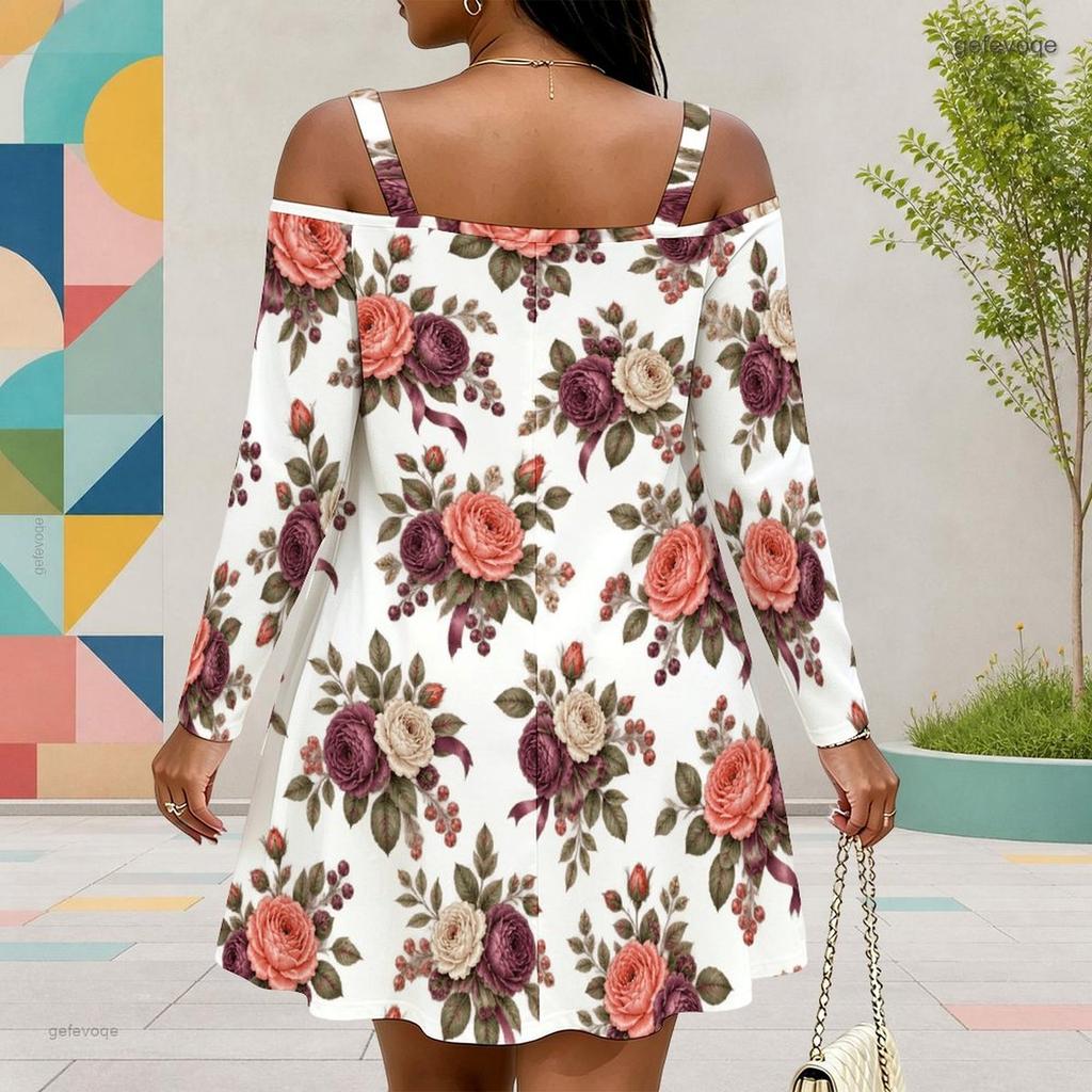 Women Plus Size White Floral Printed Cold Shoulder Long Sleeve Dress