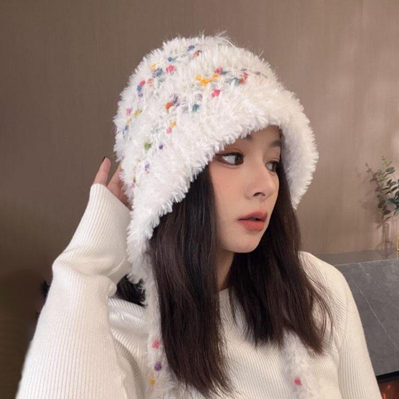 

Autumn and winter new rainbow particles sweet and cute plush fringed knitted hat children windproof ear protection show small face