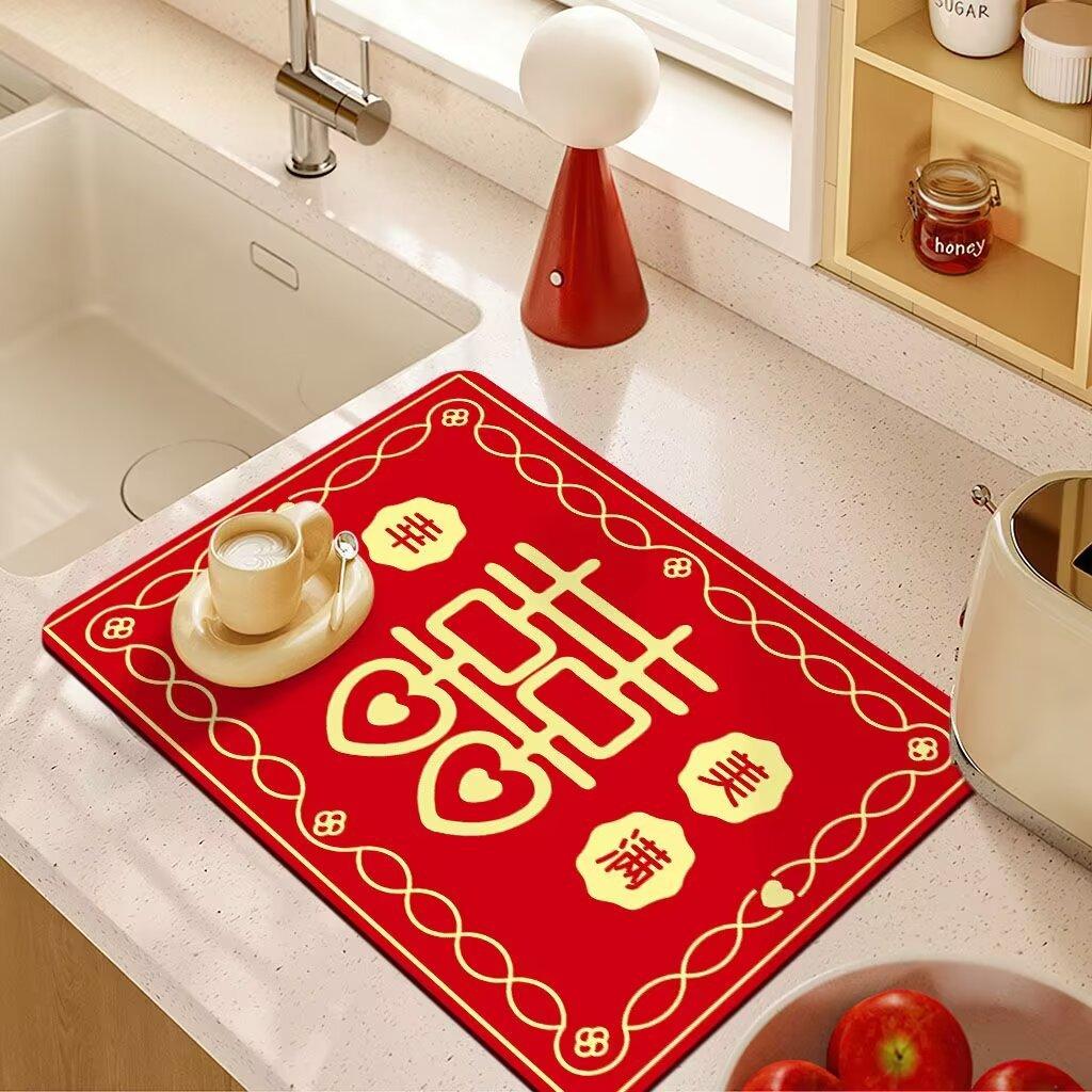 Wedding Drain Mat Red Festive Absorbent Soiled Mat Wash Table Technology Velvet Absorbent Coaster Bowl Mat