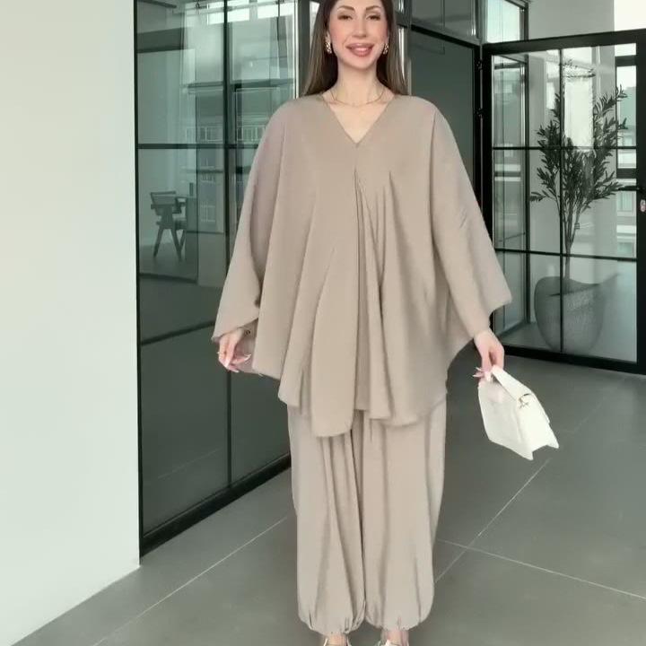 Nuovo Abbigliamento da Donna Europeo e Americano per Primavera e Autunno Transfrontaliero Scollo a V Manica Lunga Ampio Taglia Grande Top Pantaloni a Gamba Larga Set Due Pezzi