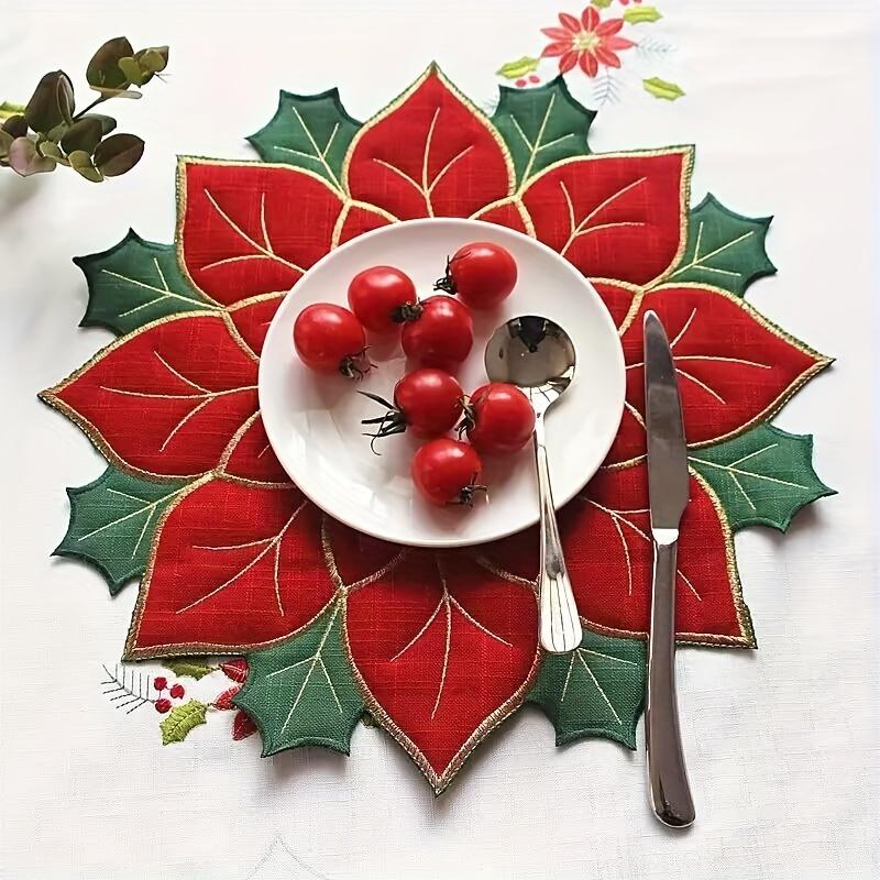 4pcs Christmas Embroidered Table Flag Tablecloth Desk Runner Round Plate Cover Plate Cloth Placemat Christmas Dining Table Decor