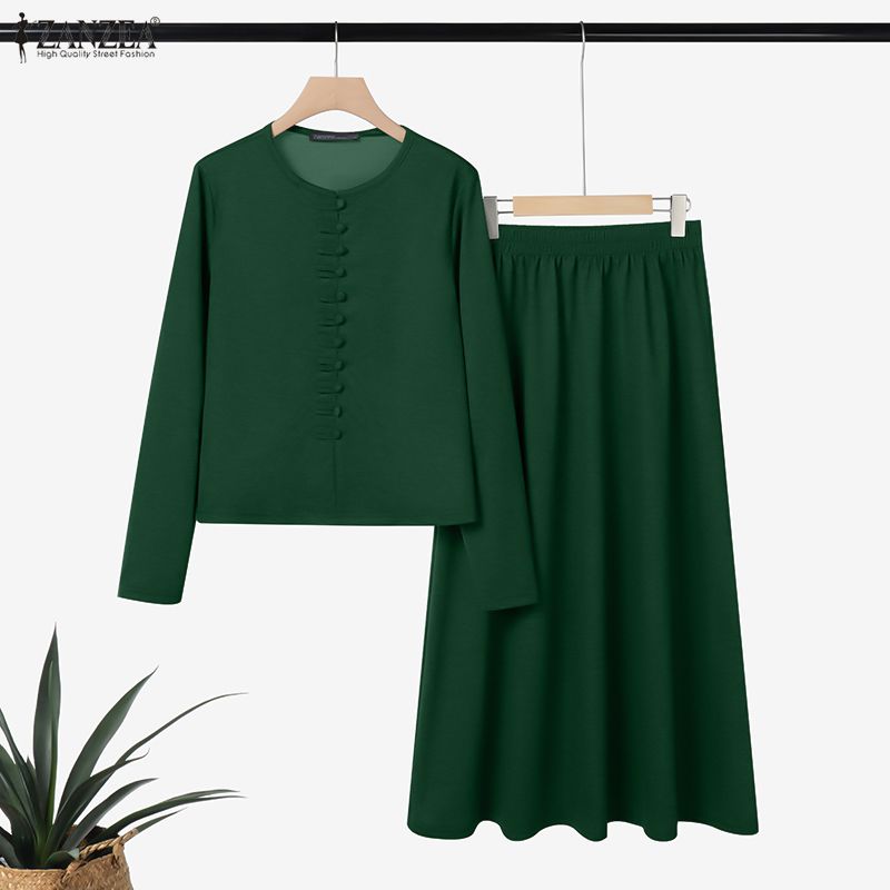 ZANZEA Women Long Sleeve Blouse and Long Skirts Fashion Two Piece Suit Sets