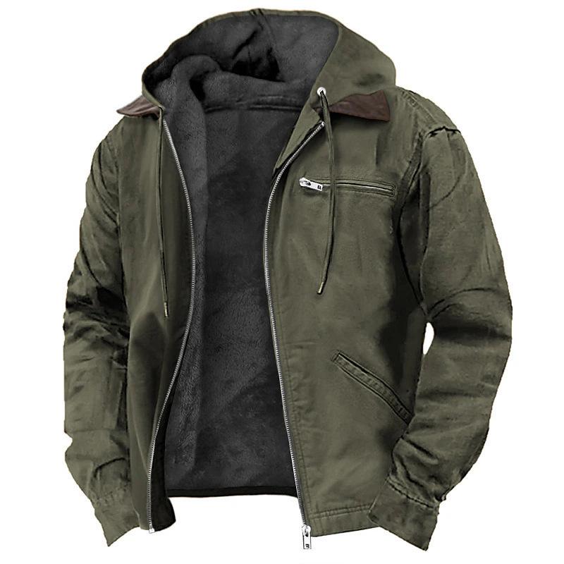 Men's Casual Fleece-Lined Cotton Hooded Jacket with Zipper Pockets