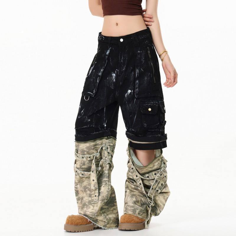 Men Women Cargo Pants Streetwear Straight Leg Workwear Camo Print Loose Fit Casual Trousers