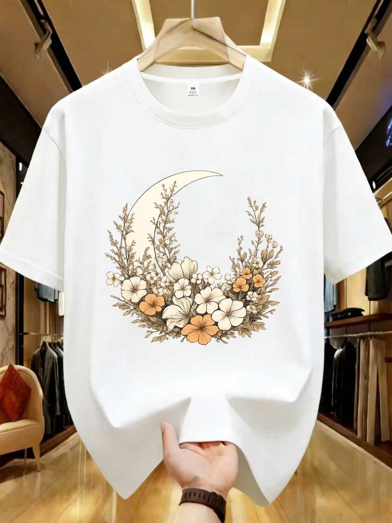 Wzm102178moon Print Plus Size Unisexs Round Neck Summer Casual Short Sleeved Street Fashion Versatile Plus Size Tshirt