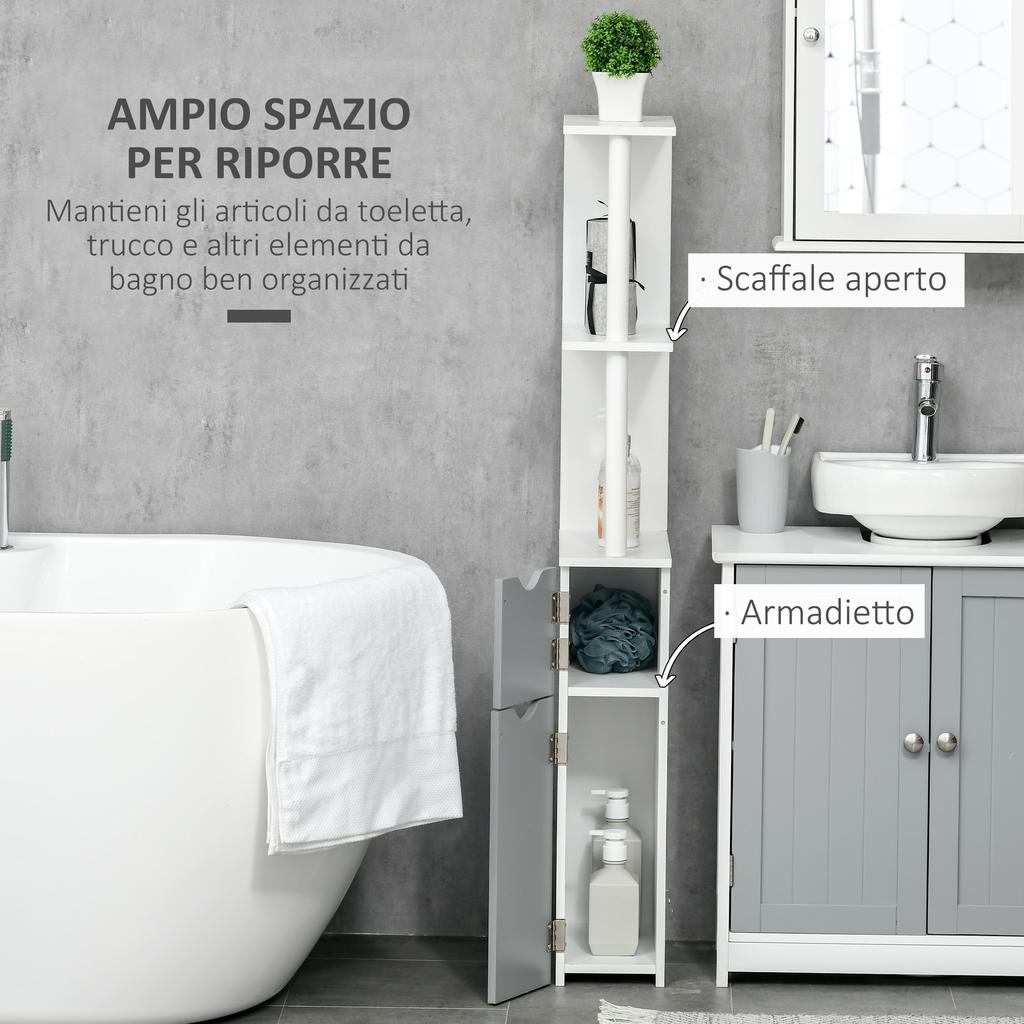 Bathroom Column with 2 Shelves and 2 Cabinets, Wooden, 15.2x29.8x118 Cm, White and Grey