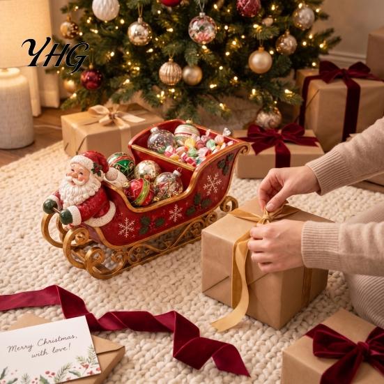 Retro Christmas Decoration Santa Sleigh Table Centerpiece, Multi?Compartment Candy Fruit Serving Bowl, Holiday Home Ornament Festive Tabletop
