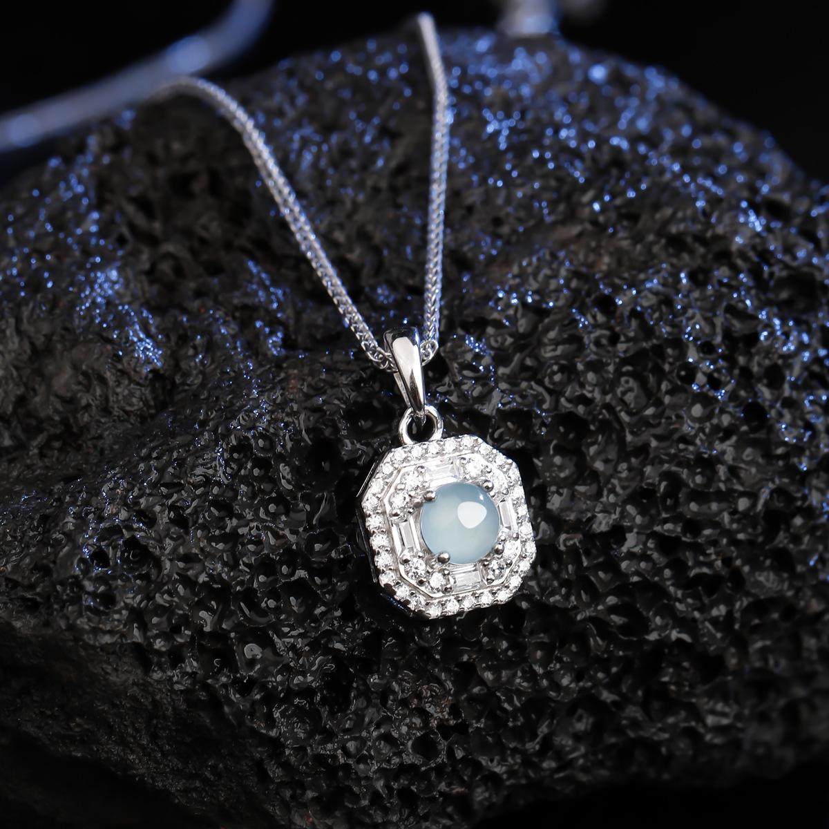 Sterling silver small sugar cube necklace natural blue water jadeite s925 collarbone chain design accessories female ins style 925 silver