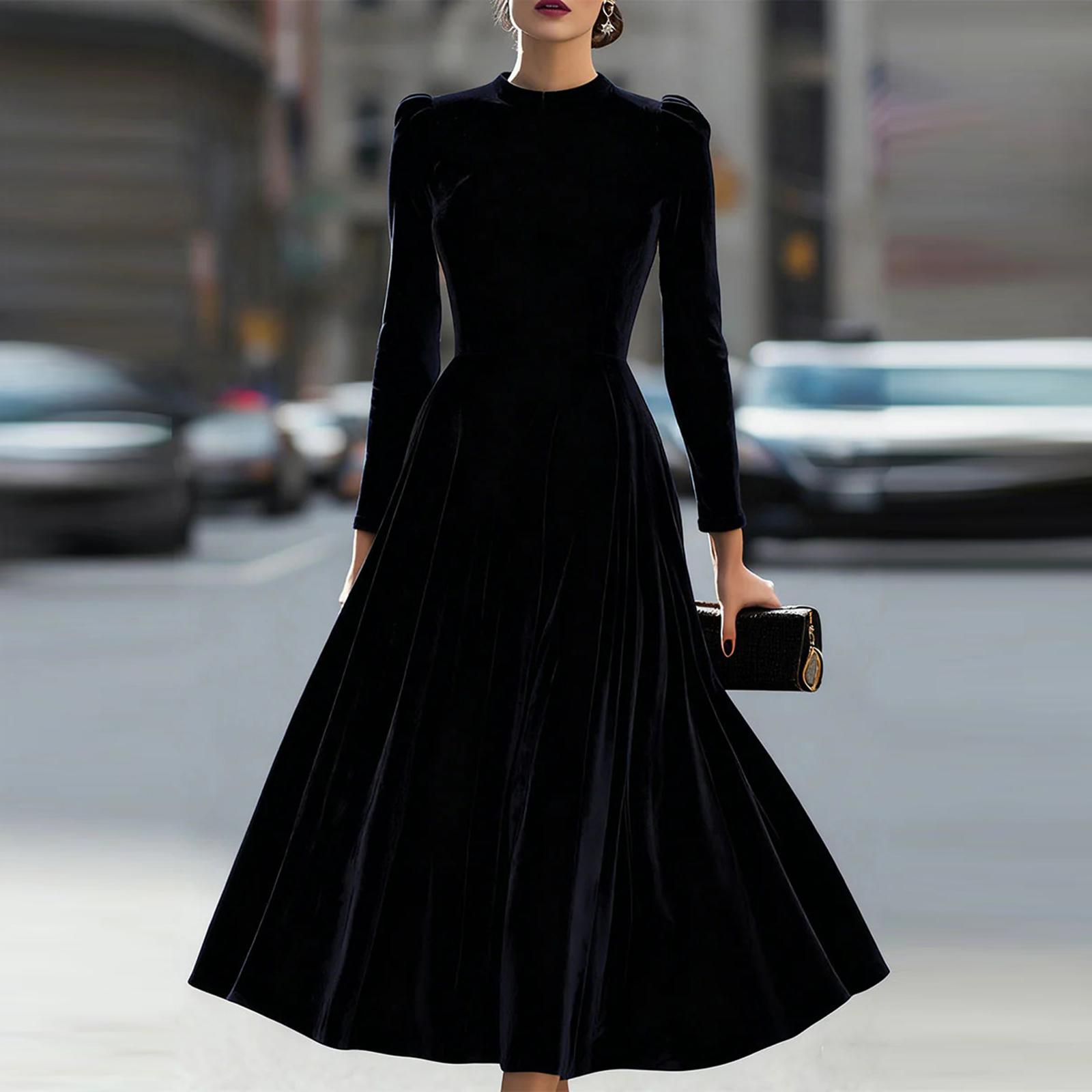 

Жіноча мода Повсякденна однотонна вельветова сукня з V-подібним вирізом та довгими рукавами XL чорний