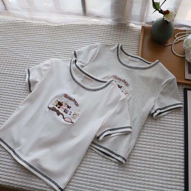 2025 Korean Style Cartoon Embroidered Slim Fit Cute Short Sleeve T-Shirt for Women