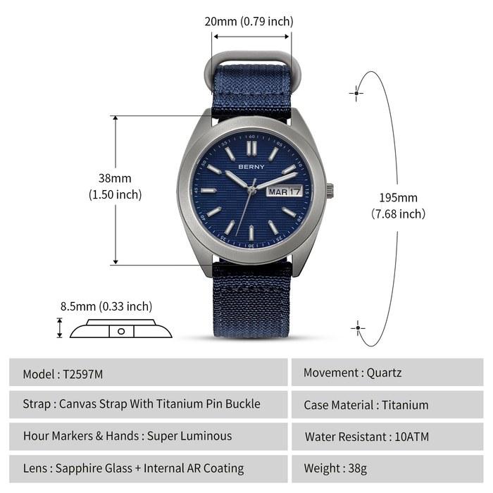BERNY Watch Men's Titanium 10 ATM Analog Quartz Luminous Blue