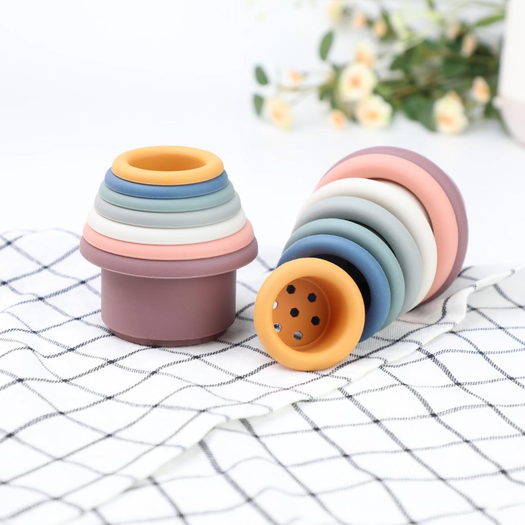 1Set Silicone Stacking Cups Montessori Toys for Kids Stacker Blocks Early Educational Toys Baby Bath Toys Ins Style Bathtub Toy