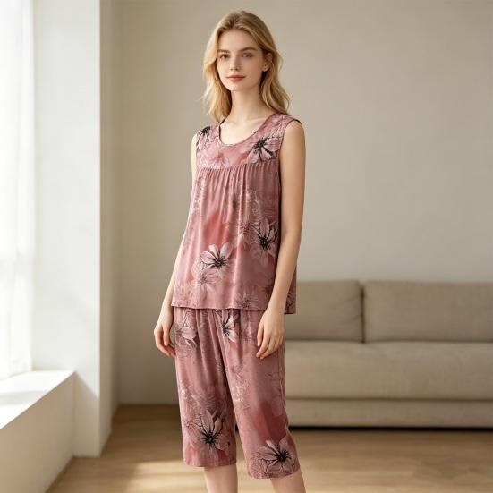 Pajama Sets for Elderly Women Sleeveless Tank Top And Pants Pjs Sleepwear Set Floral Print Summer Casual Two Piece Lounge Outfits